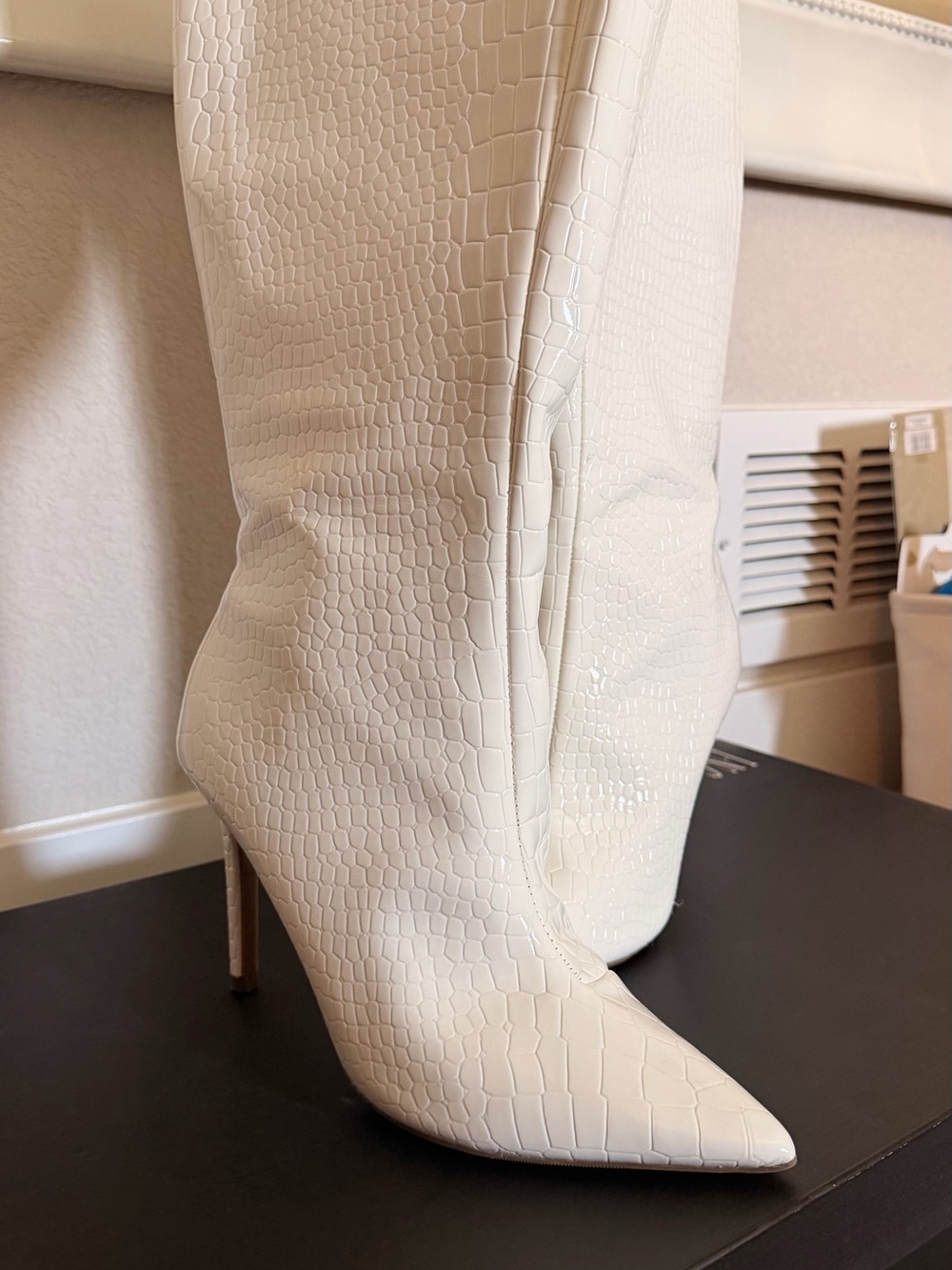 INC International Concepts White Croc-Embossed Pointed Toe Knee Boots - Picture 2 of 7